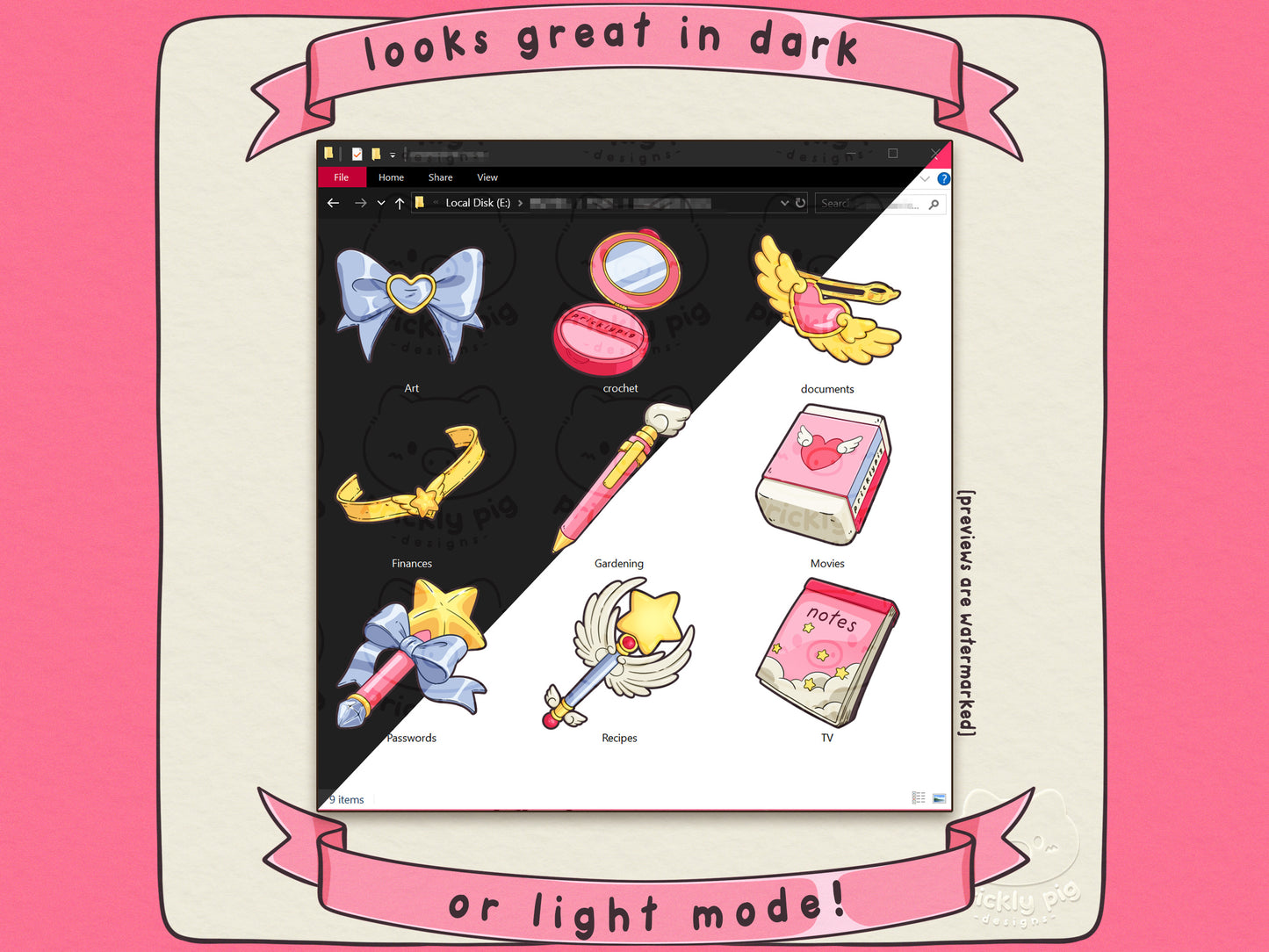 Example showing 9 magical girl themed icons on a windows explorer window in dark and light mode.