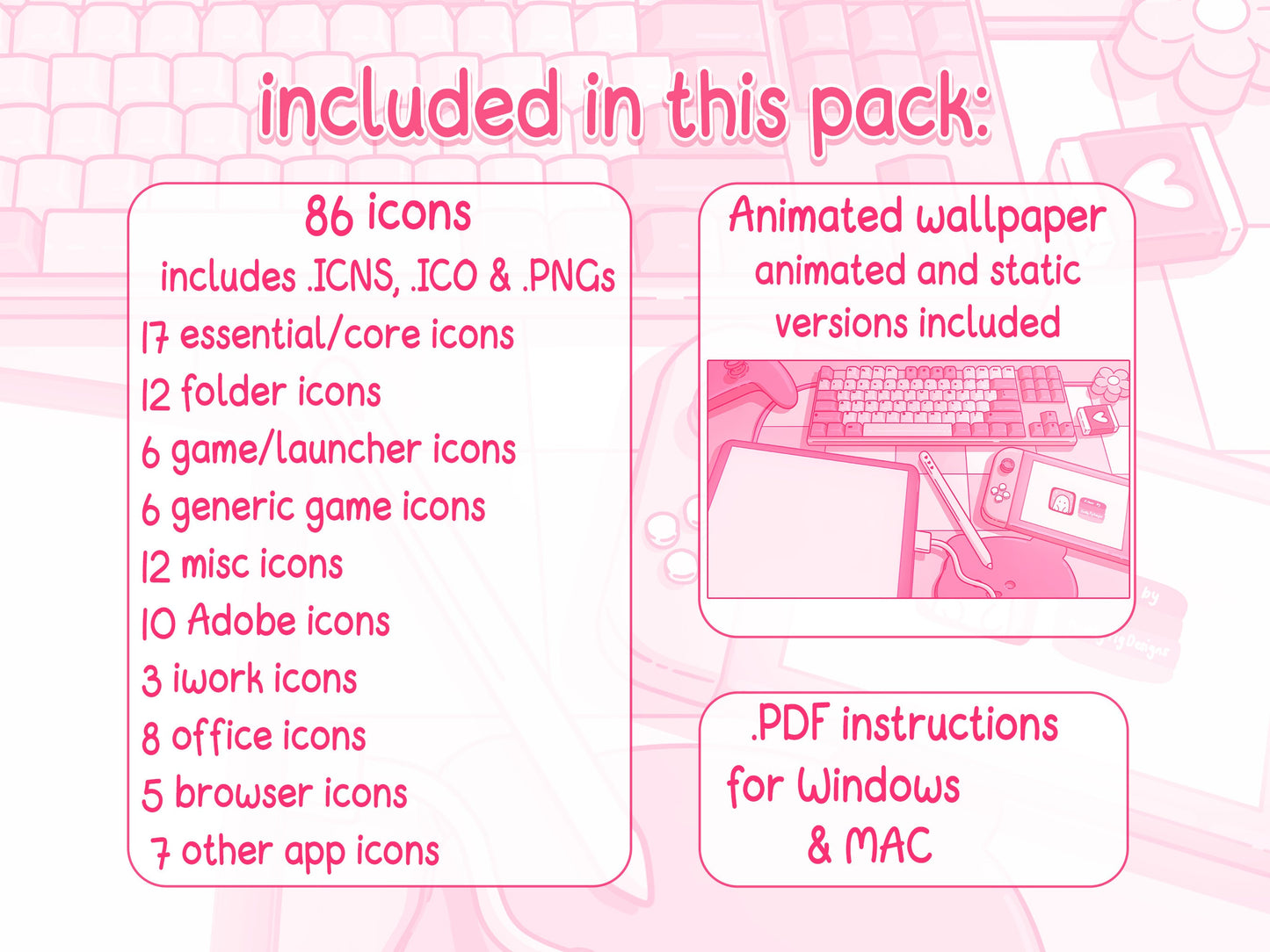 Pink Gamer Aesthetic Desktop Folder Icon & Wallpaper Pack for Windows + Mac