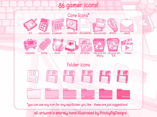 Pink Gamer Aesthetic Desktop Folder Icon & Wallpaper Pack for Windows + Mac