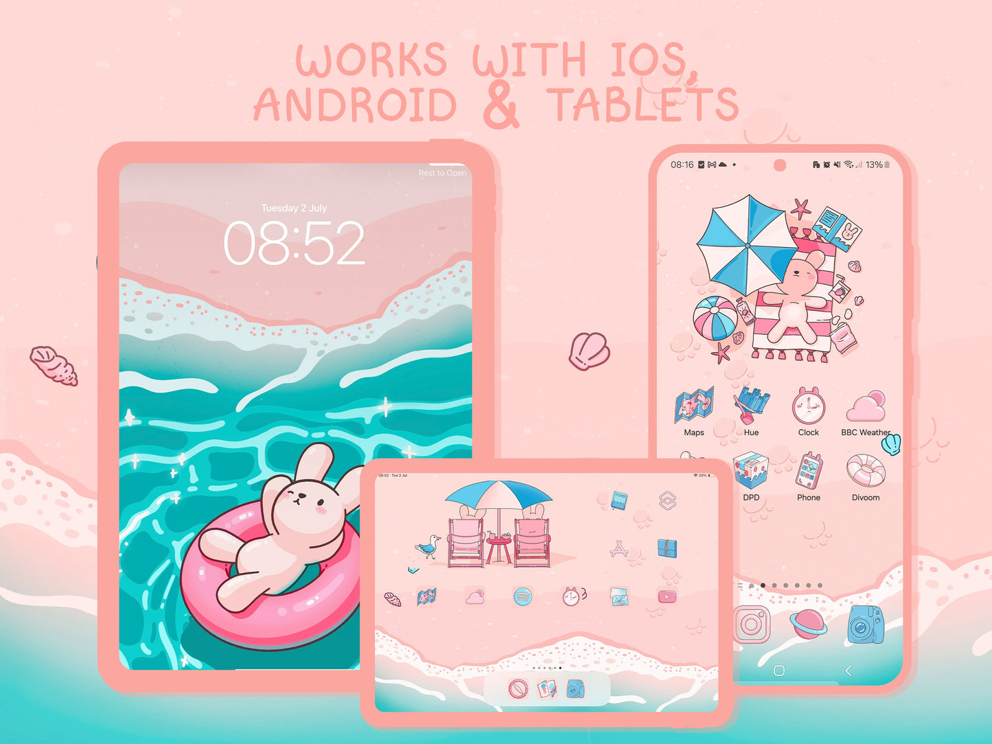 Beach Bunny Icon Pack for iOS & Android including Wallpapers and Widgets | Summer App Theme