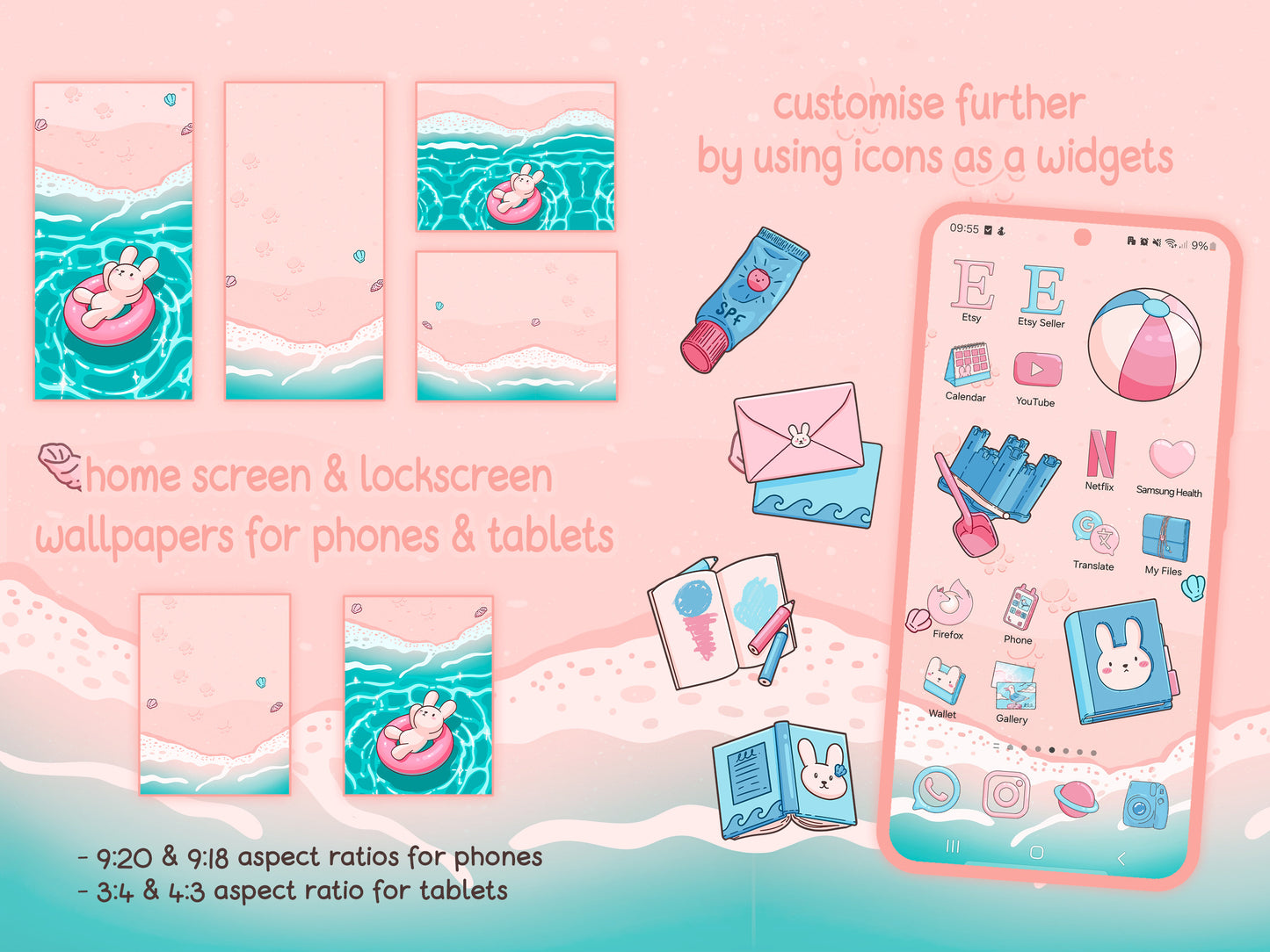 Beach Bunny Icon Pack for iOS & Android including Wallpapers and Widgets | Summer App Theme