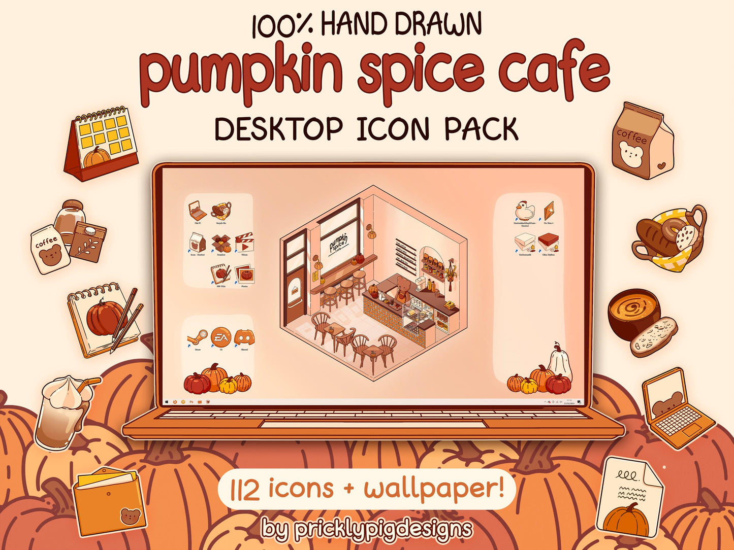 Pumpkin Spice Isometric Cafe Desktop Folder Icon & Wallpaper Pack for Windows + Mac