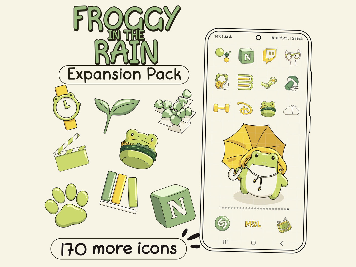 Froggy in the Rain EXPANSION Icon Pack for iOS, Android & Tablets