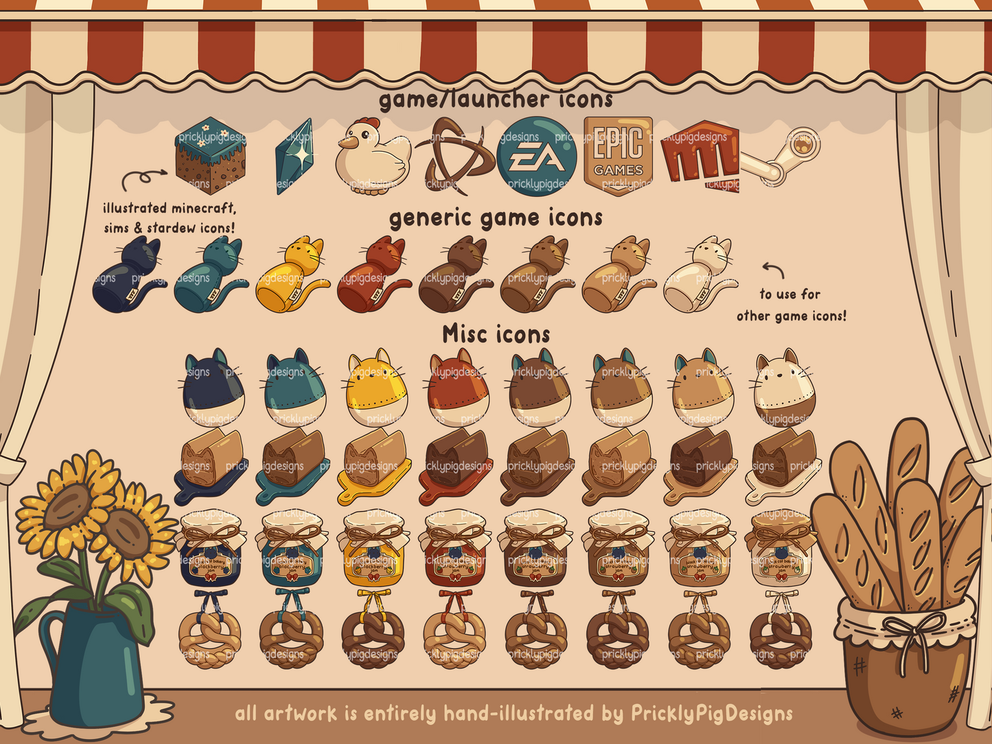 Illustrated icons for games and launchers with a decorative background featuring flowers and bread.