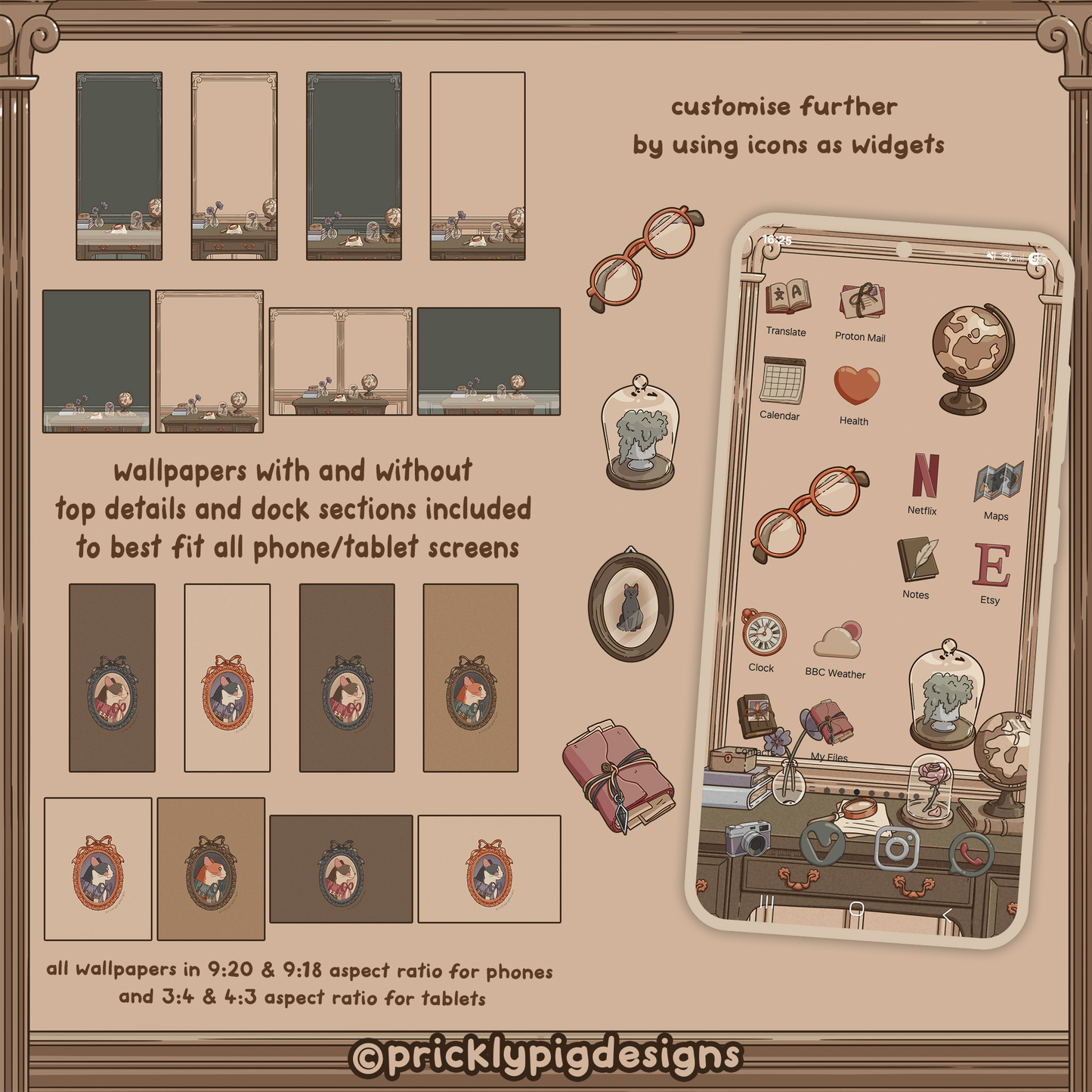 Cat Academy App Icon Pack: Dark Academia Theme Including Wallpaper for iOS, Galaxy & Android