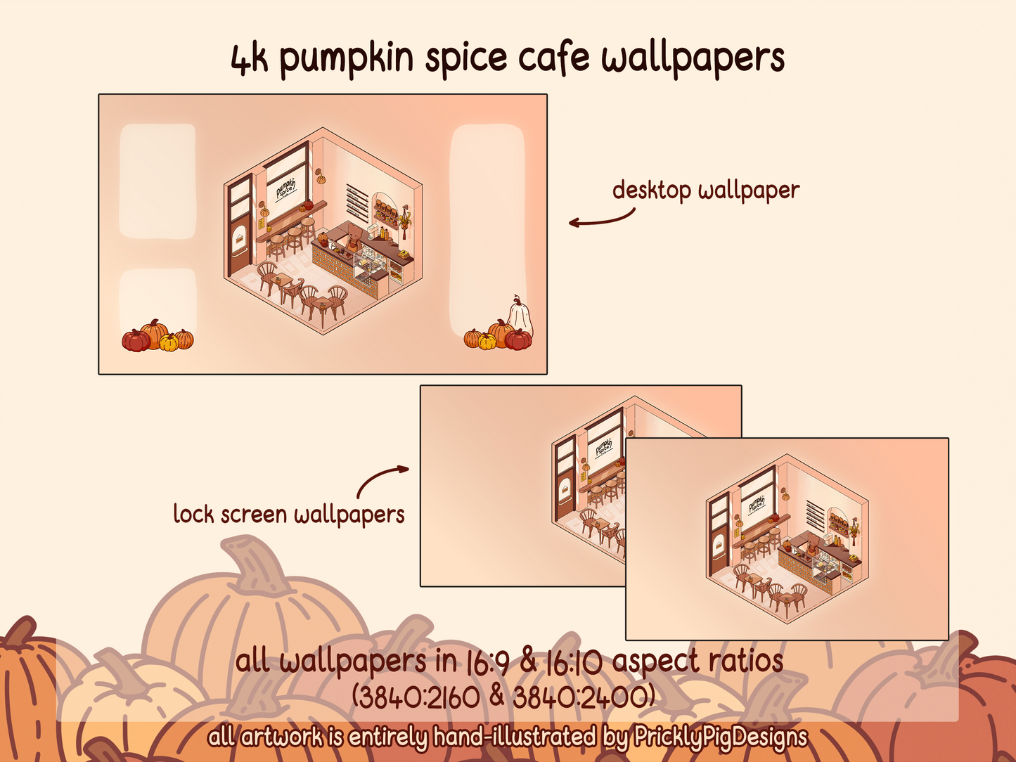 Pumpkin Spice Isometric Cafe Desktop Folder Icon & Wallpaper Pack for Windows + Mac