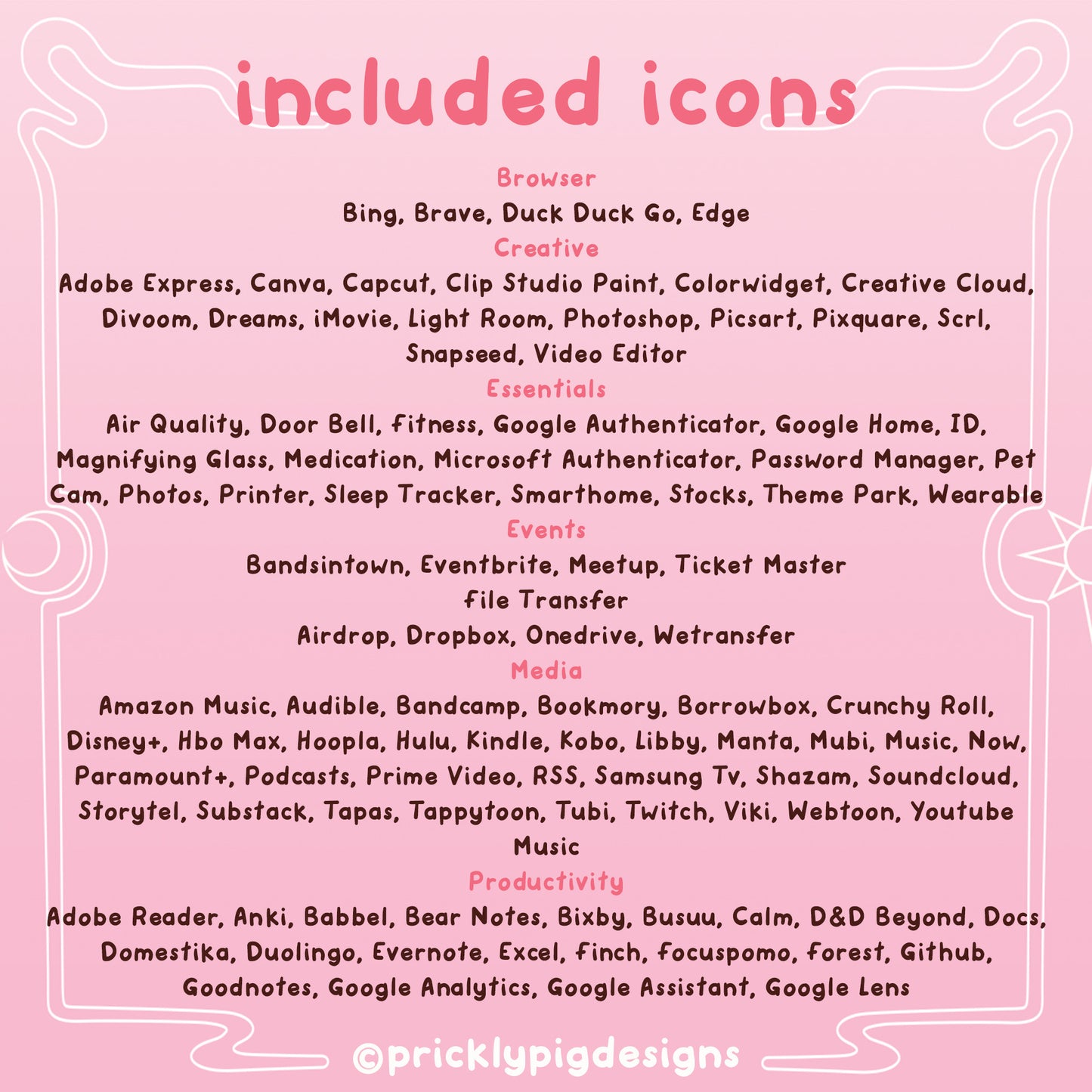 List of included icons.