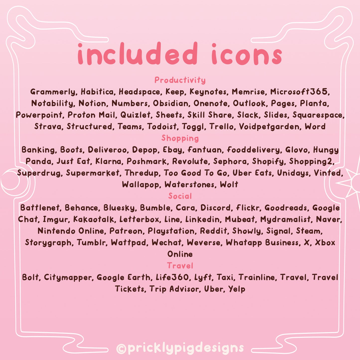 list of included icons.