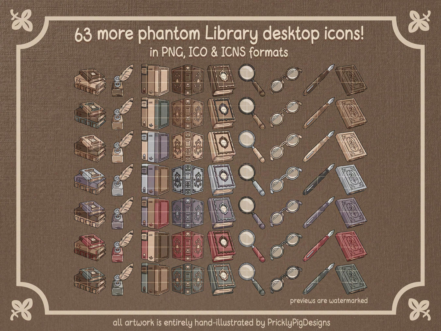 63 library themed icons. 9 designs in 9 colorways.