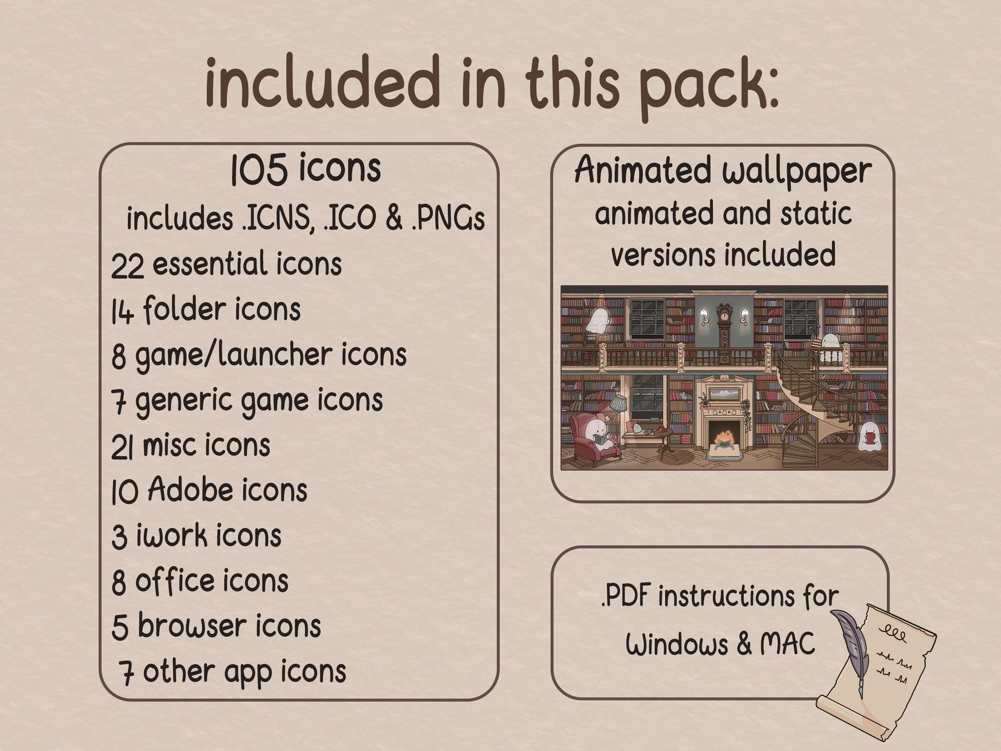 list of included icons, wallpapers and PDF instructions. 