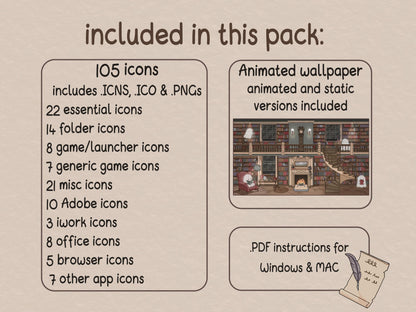 list of included icons, wallpapers and PDF instructions. 