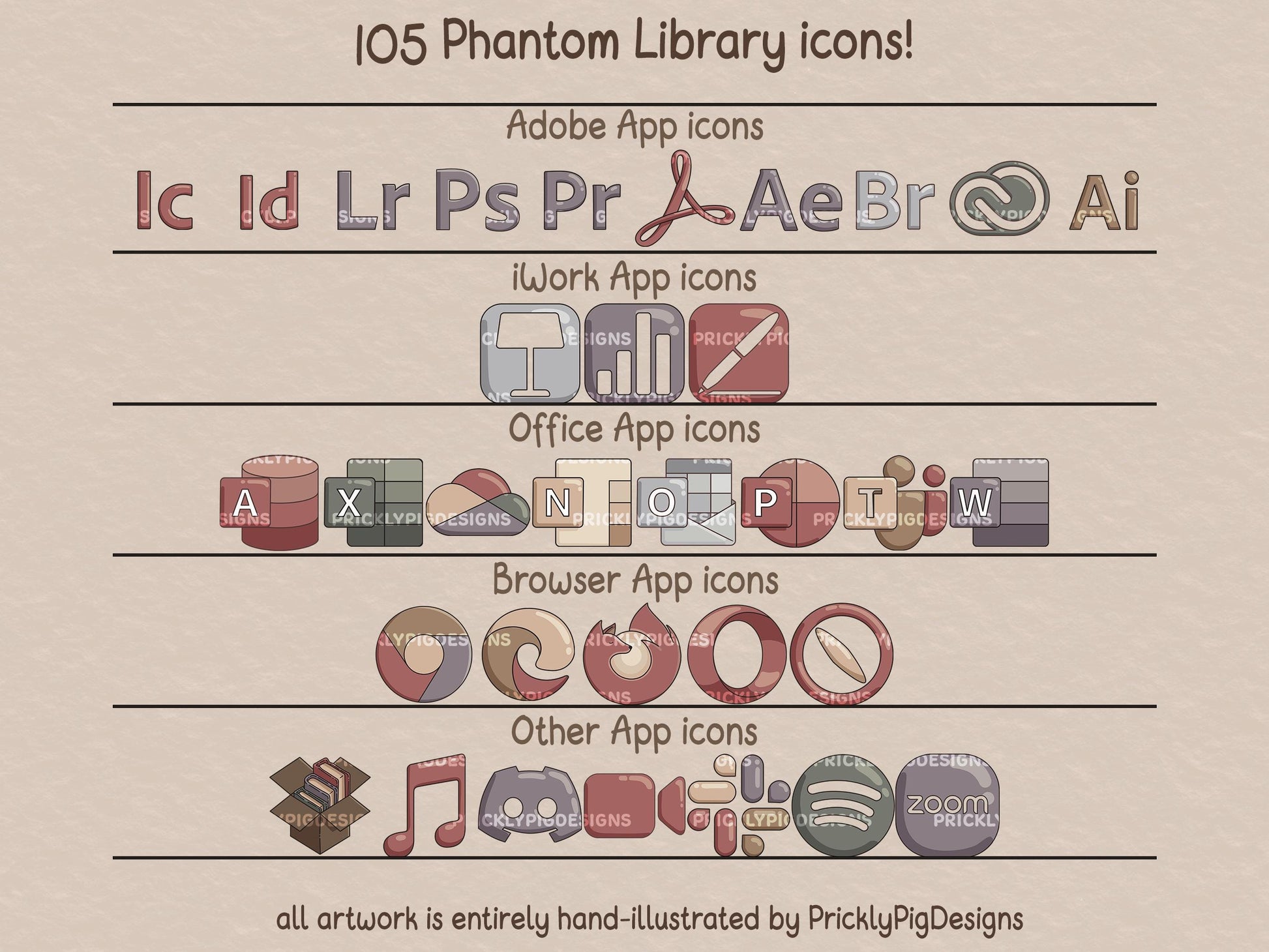 icons for office apps, adobe apps, iwork apps, browser apps and other apps.