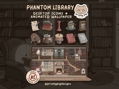 Promotional graphic for Phantom Library theme for PC and Mac with desktop icons and animated wallpaper, featuring a cozy library setting.