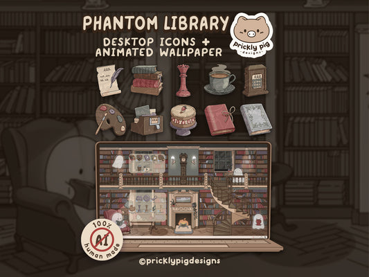 Promotional graphic for Phantom Library theme for PC and Mac with desktop icons and animated wallpaper, featuring a cozy library setting.
