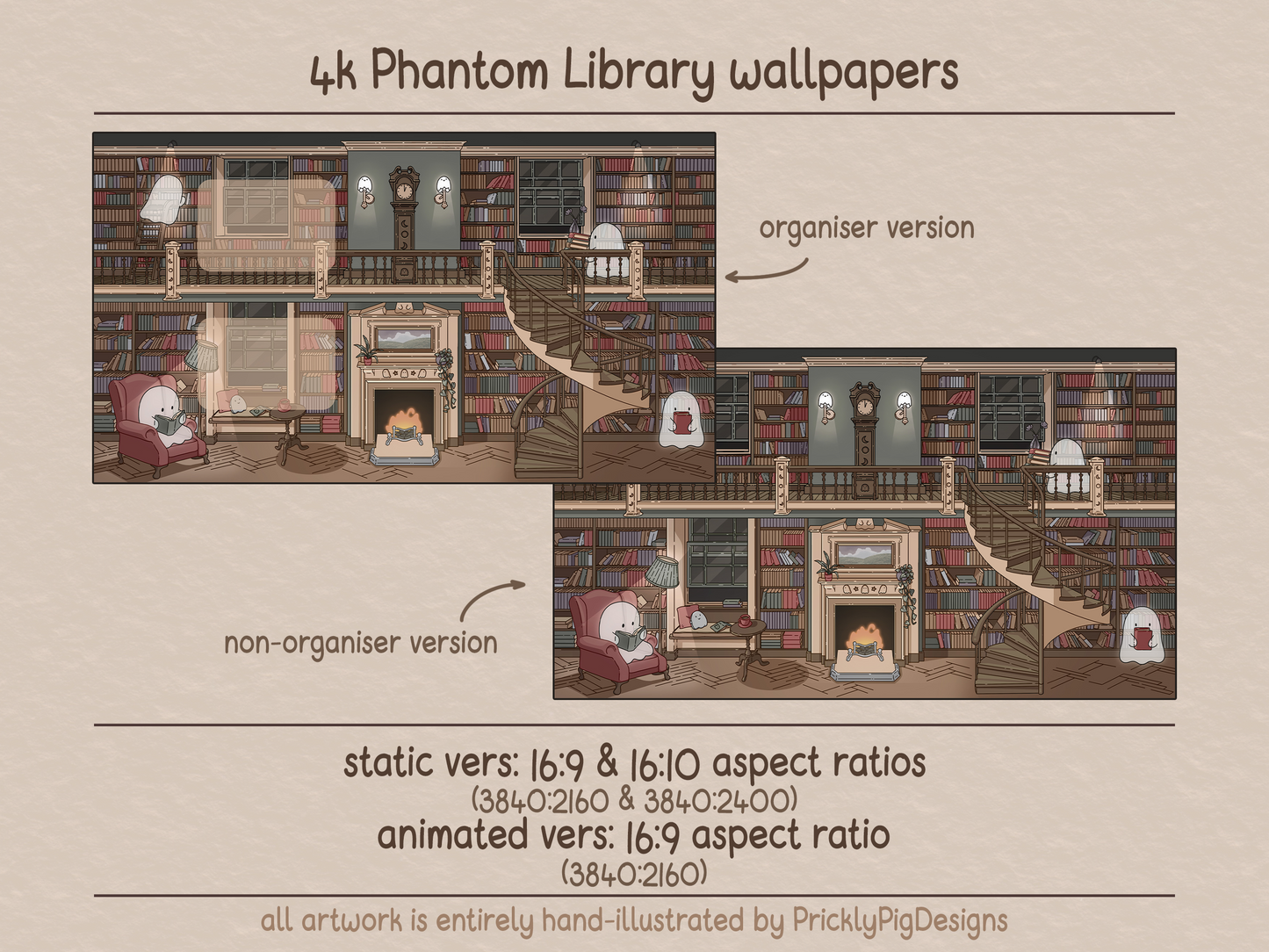 2 4k wallpapers featuring a library scene with cute ghosts. 