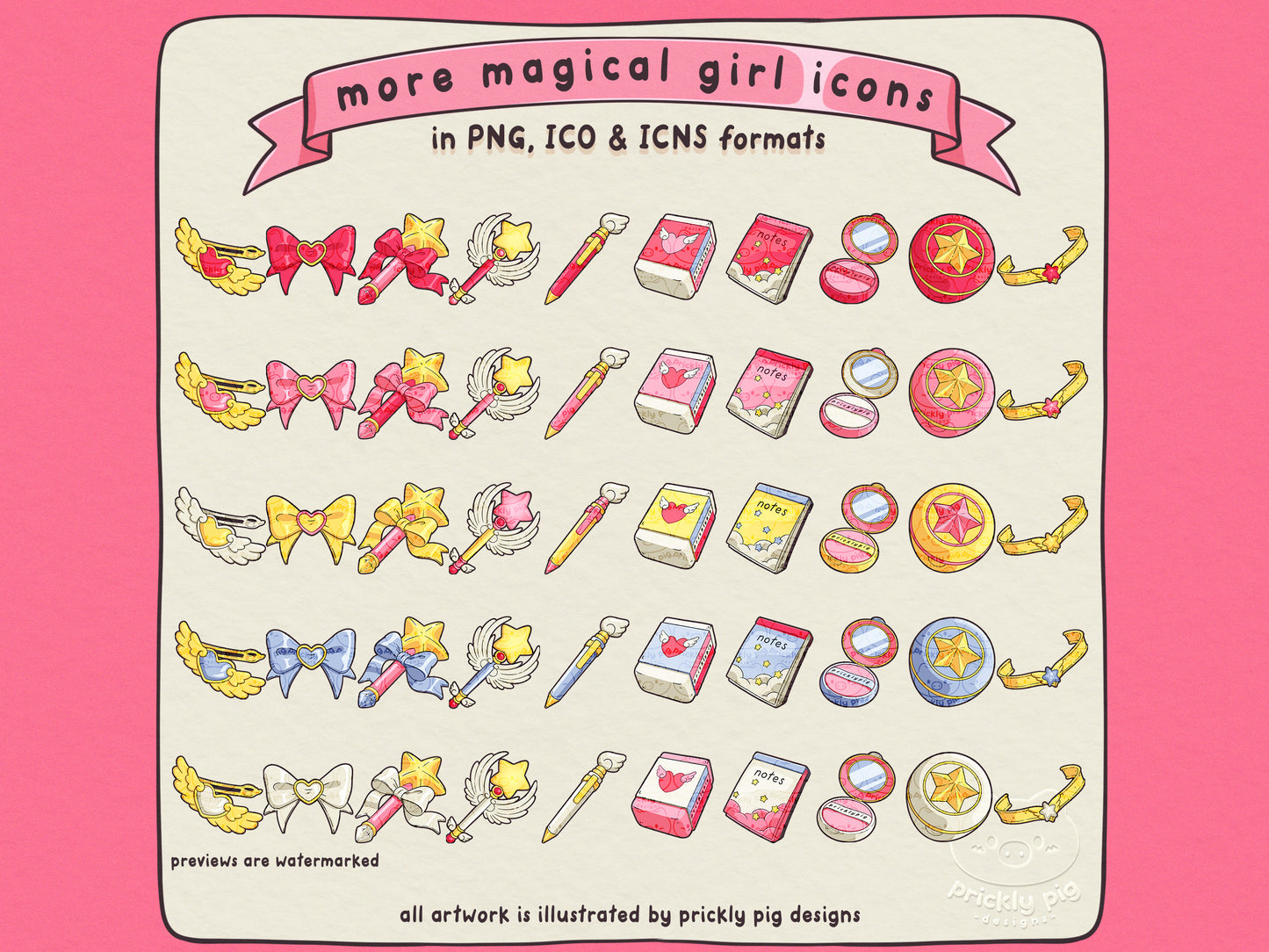 50 magical girl themed icons including 10 different designs in 5 colourways. 