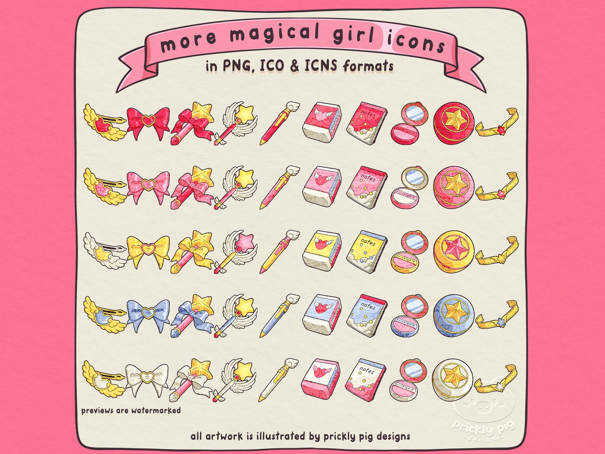 50 magical girl themed icons including 10 different designs in 5 colourways. 