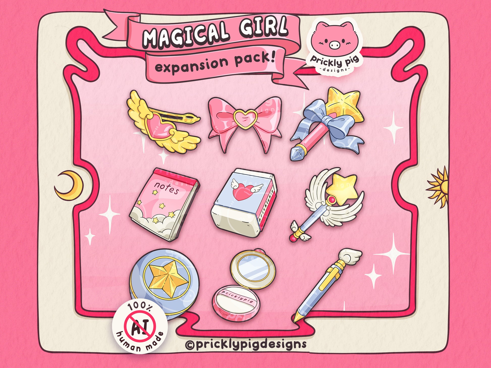 9 magical girl themed icons featuring bows, wands, stationery and makeup. 