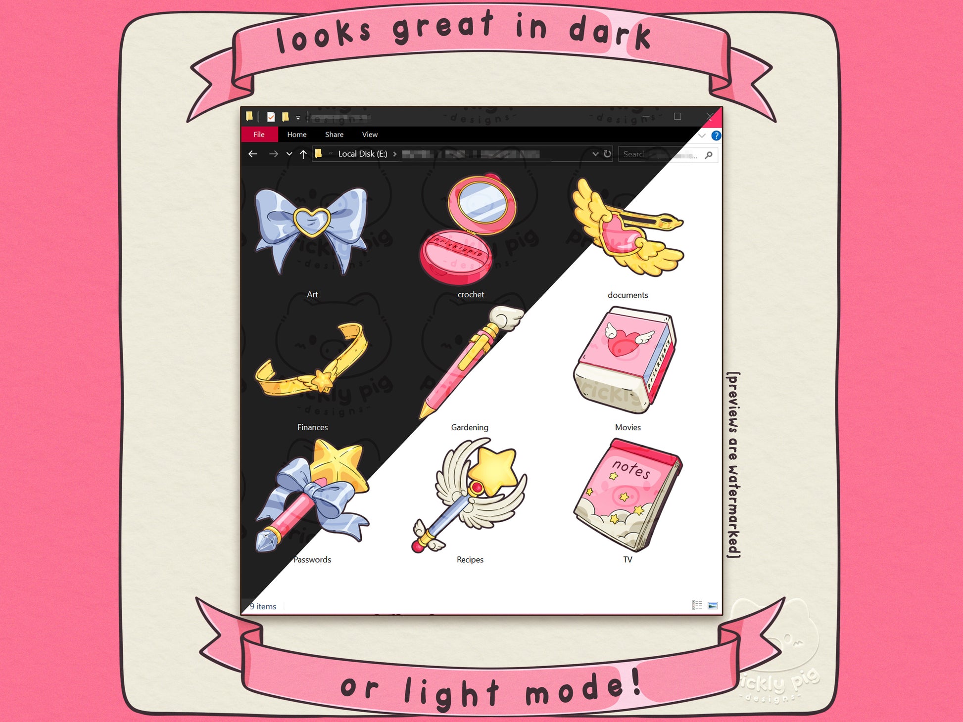 Example showing 9 magical girl themed icons on a windows explorer window in dark and light mode.