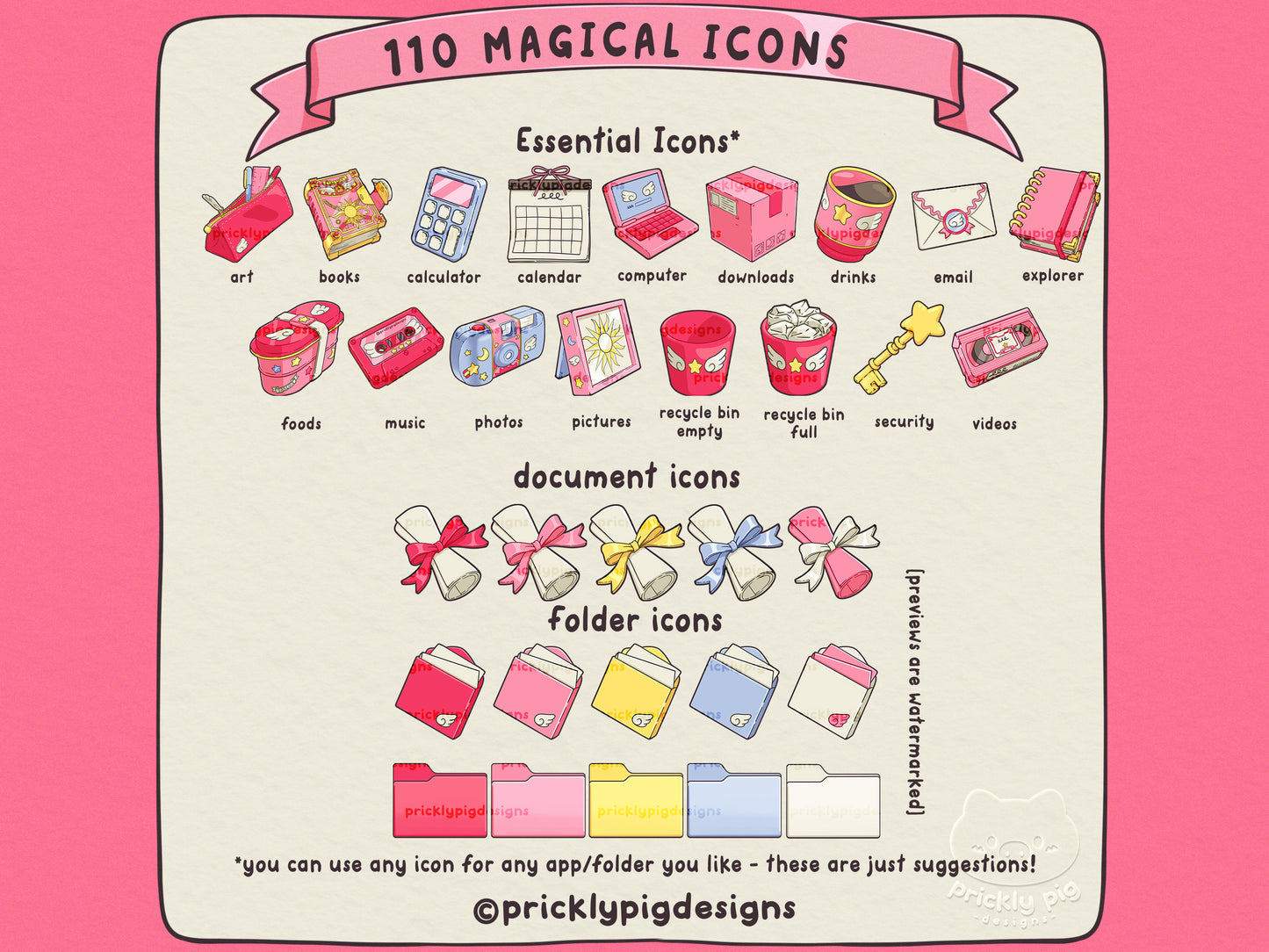 Essential icons including documents and folder icons with a magical girl theme.