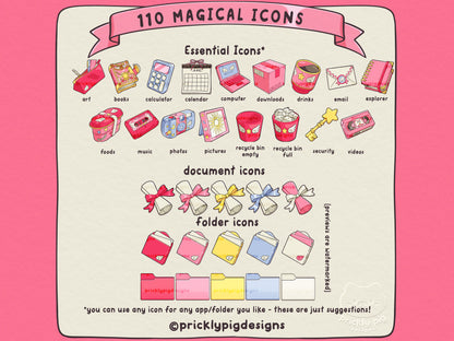 Essential icons including documents and folder icons with a magical girl theme.