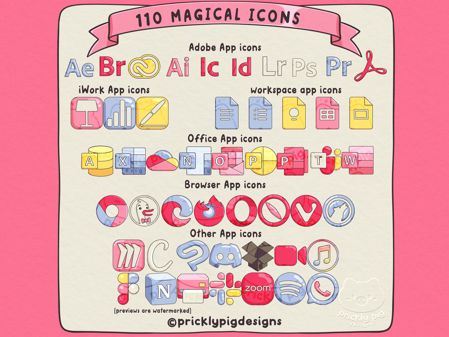 icons including adobe, office, iwork, browsers and other apps in a magical girl theme.