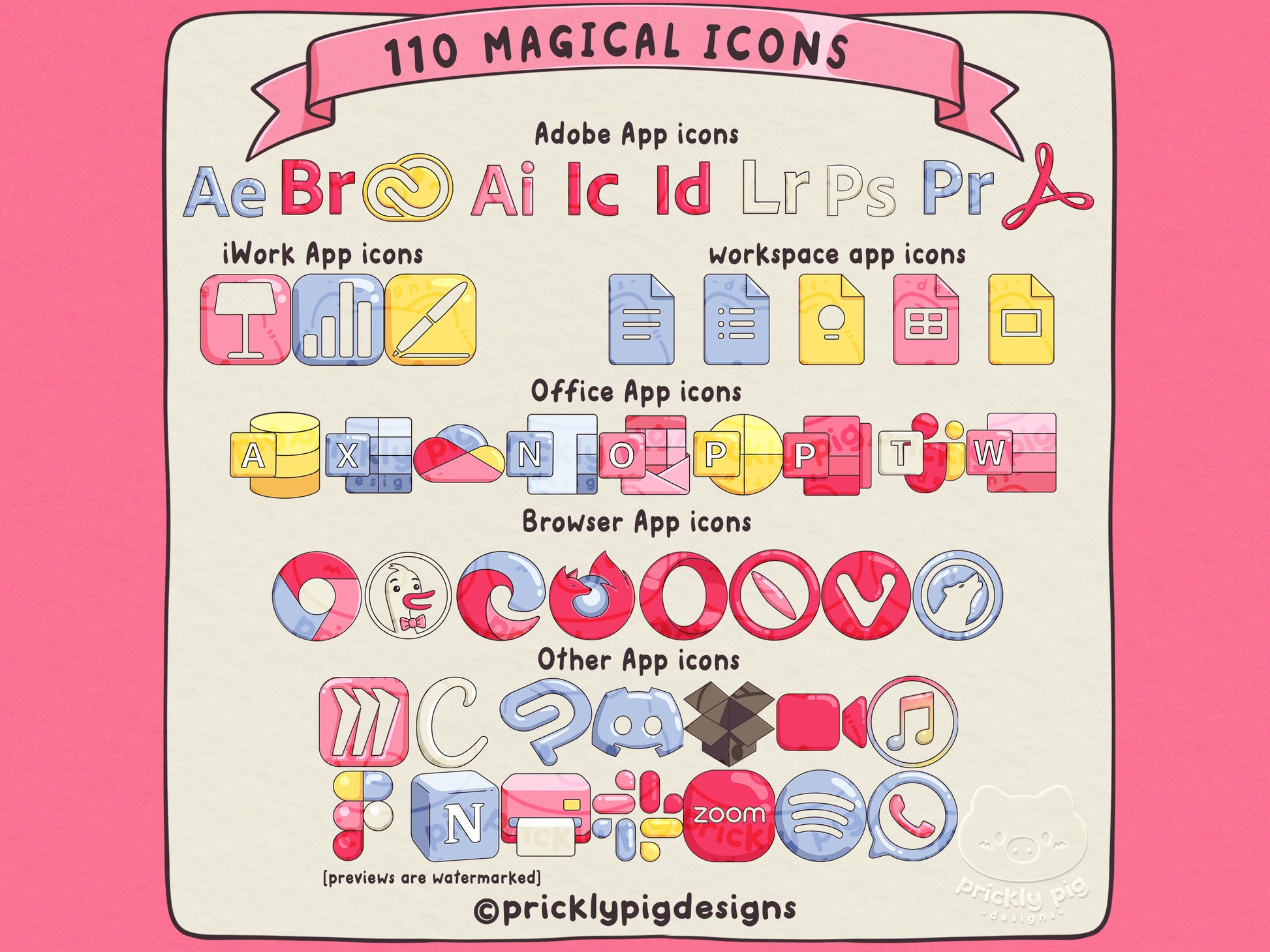 icons including adobe, office, iwork, browsers and other apps in a magical girl theme.
