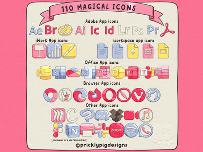 icons including adobe, office, iwork, browsers and other apps in a magical girl theme.