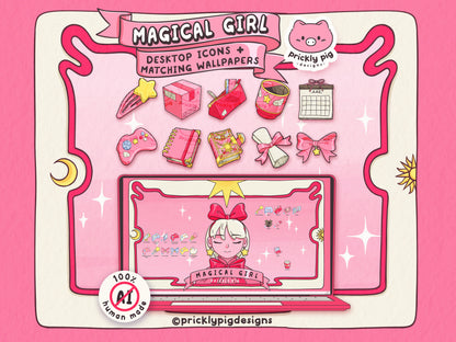 Promotional image showing a desktop theme including wallpaper and icons in the magical girl theme.