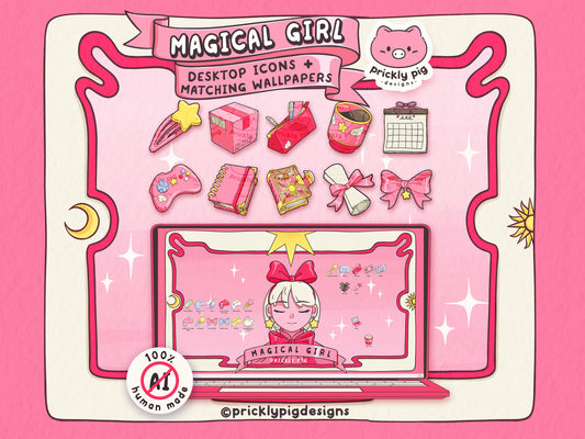Promotional image showing a desktop theme including wallpaper and icons in the magical girl theme.