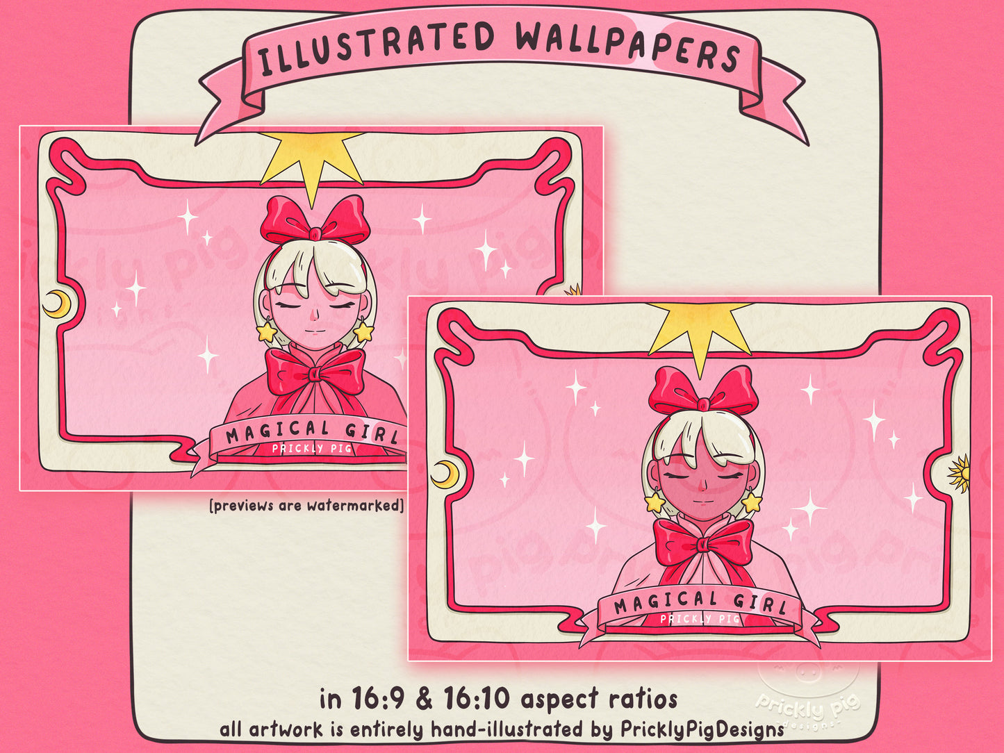 Two wallpapers featuring magical girl characters.