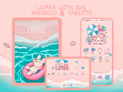 Beach Bunny Icon Pack for iOS & Android including Wallpapers and Widgets | Summer App Theme