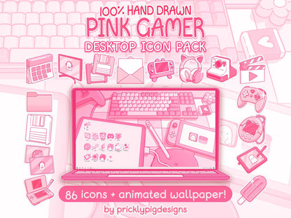 Pink Gamer Aesthetic Desktop Folder Icon & Wallpaper Pack for Windows + Mac