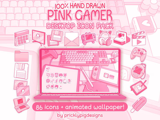 Pink Gamer Aesthetic Desktop Folder Icon & Wallpaper Pack for Windows + Mac