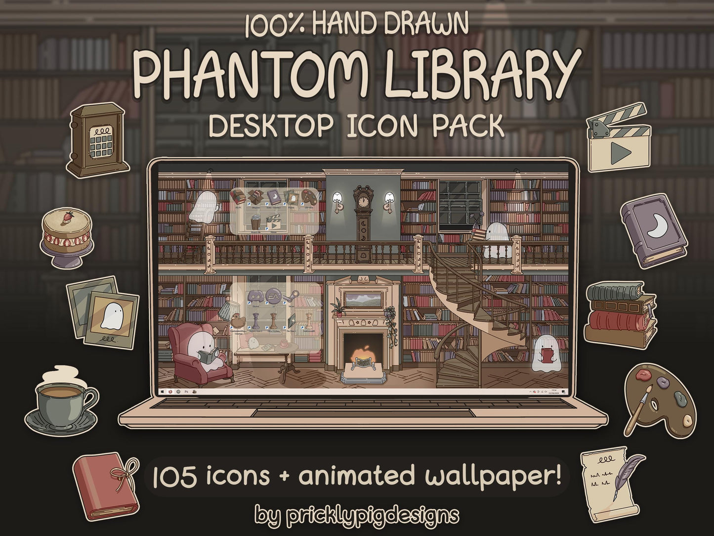 Phantom Library Aesthetic Desktop Icon & Wallpaper Pack for Windows + Mac