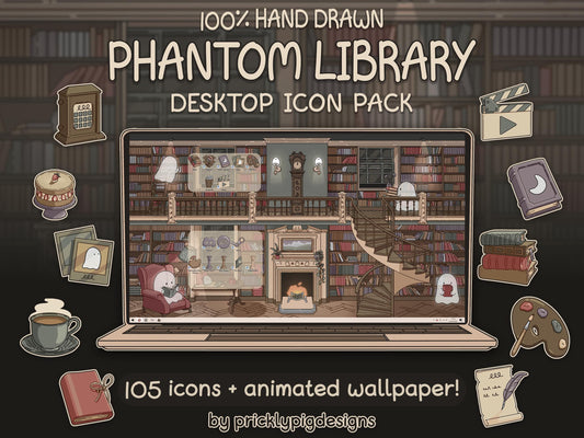 Phantom Library Aesthetic Desktop Icon & Wallpaper Pack for Windows + Mac