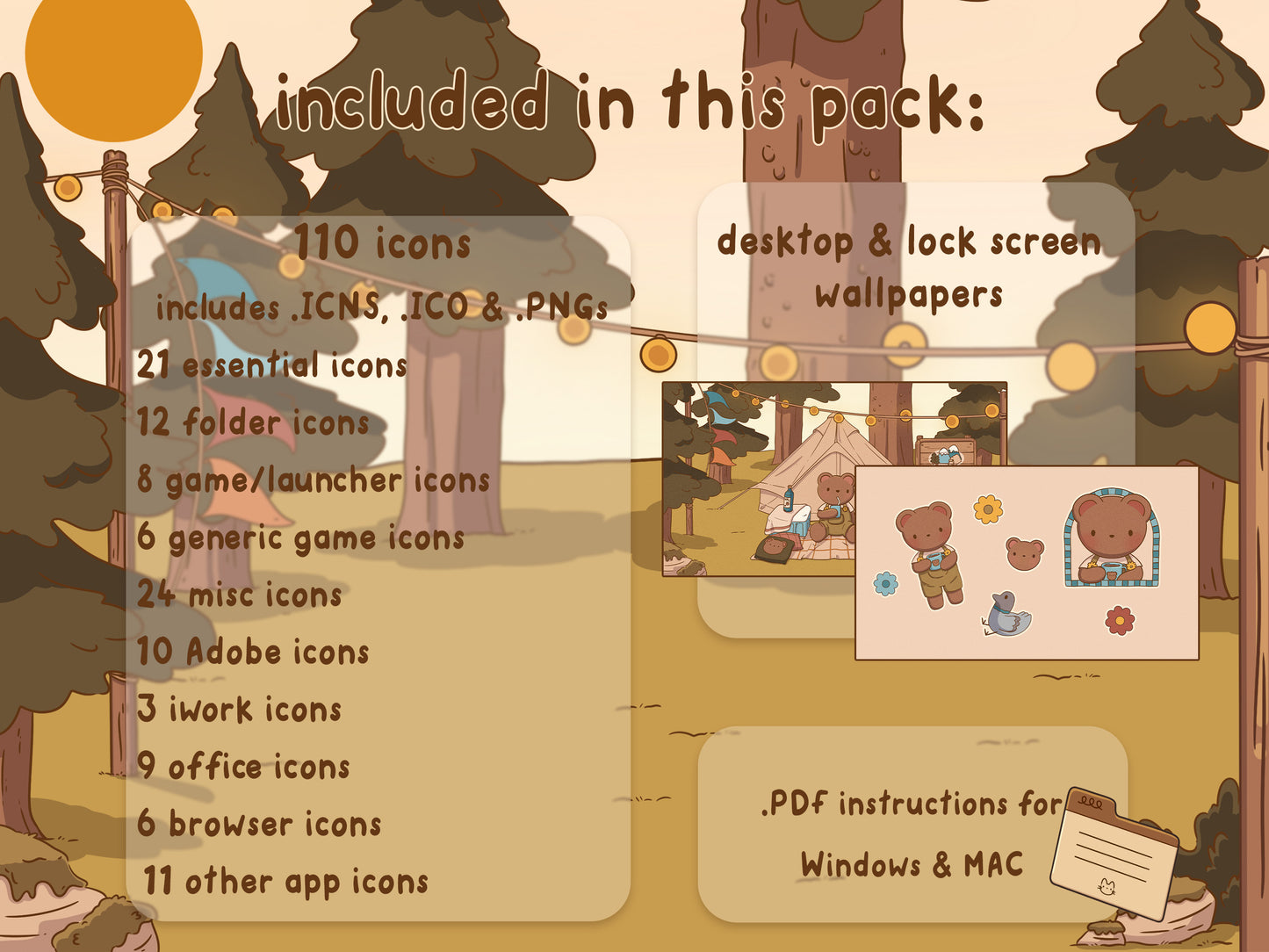 Cosy Camping Aesthetic Desktop Folder Icon & Wallpaper Pack for Windows + Mac