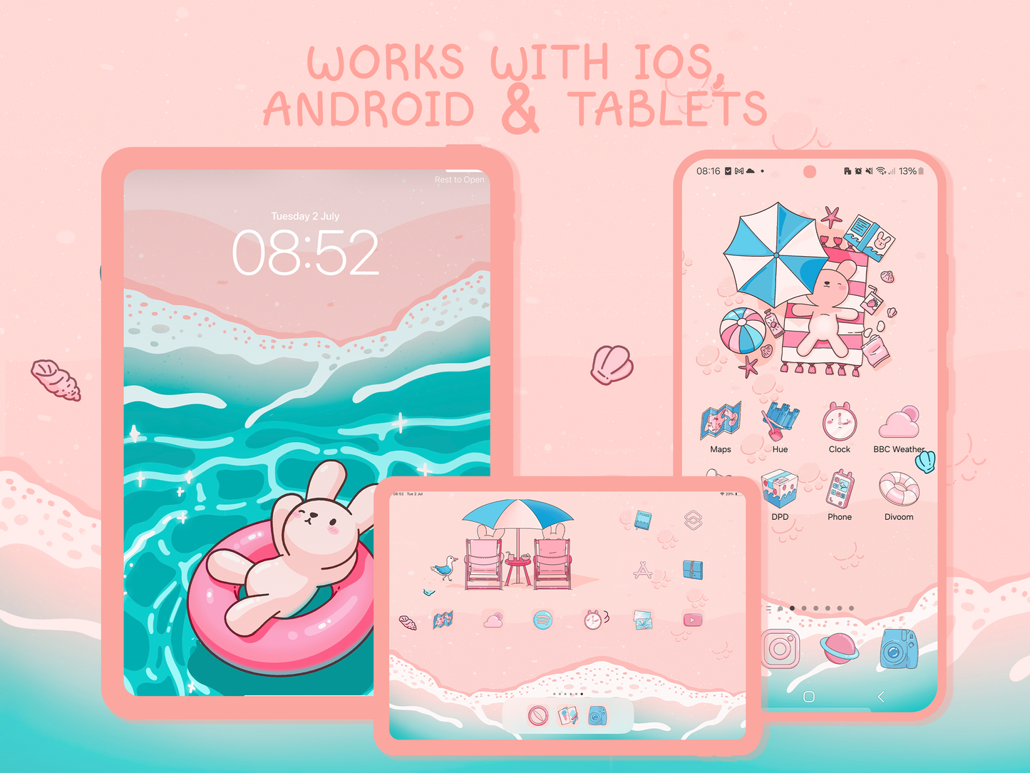 Beach Bunny Icon Pack for iOS & Android including Wallpapers and Widgets | Summer App Theme