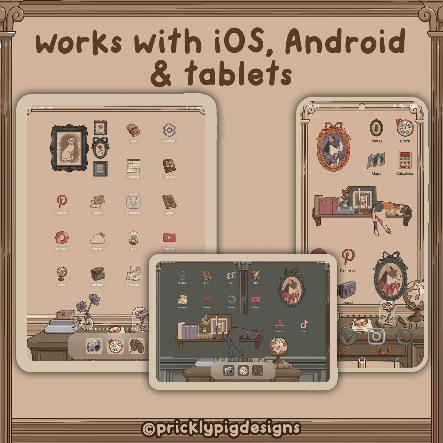 Cat Academy App Icon Pack: Dark Academia Theme Including Wallpaper for iOS, Galaxy & Android