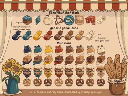 Illustrated icons for games and launchers with a decorative background featuring flowers and bread.