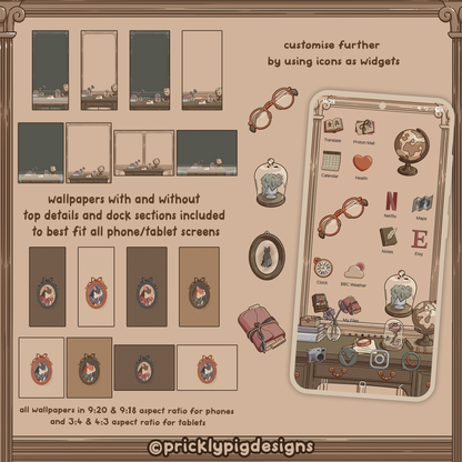 Cat Academy App Icon Pack: Dark Academia Theme Including Wallpaper for iOS, Galaxy & Android
