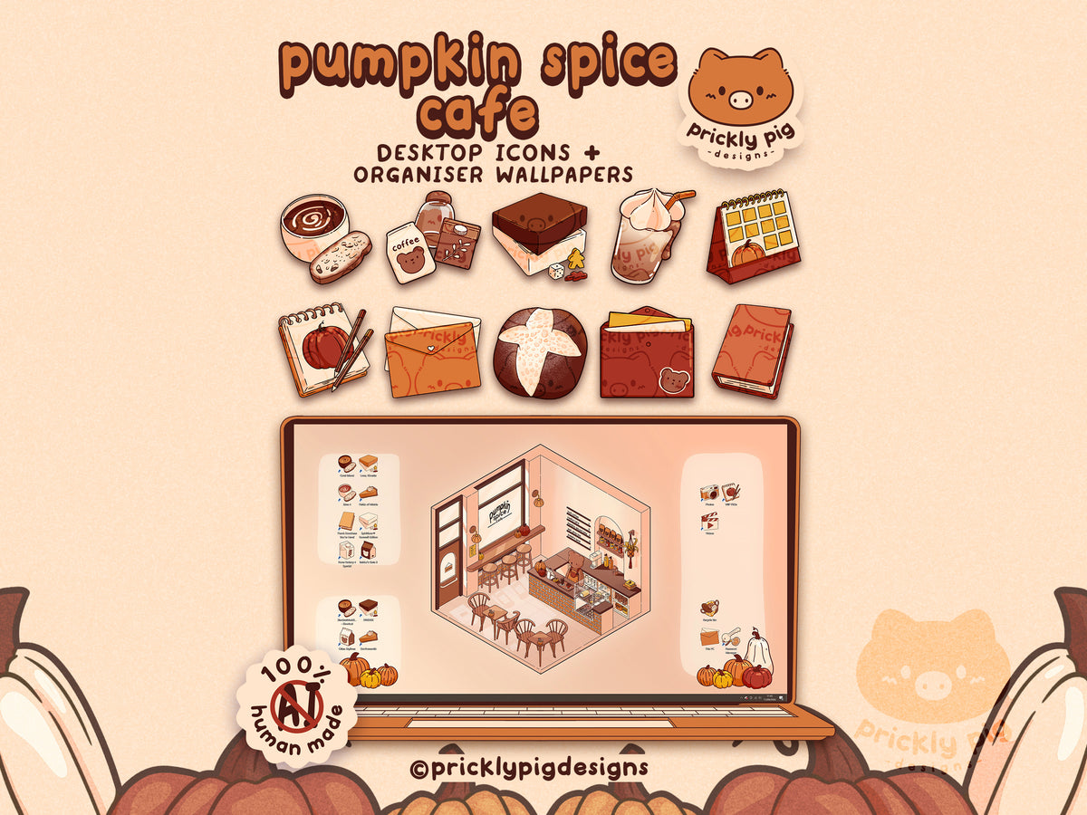 Pumpkin Spice Isometric Cafe Desktop Folder Icon & Wallpaper Pack for Windows + Mac