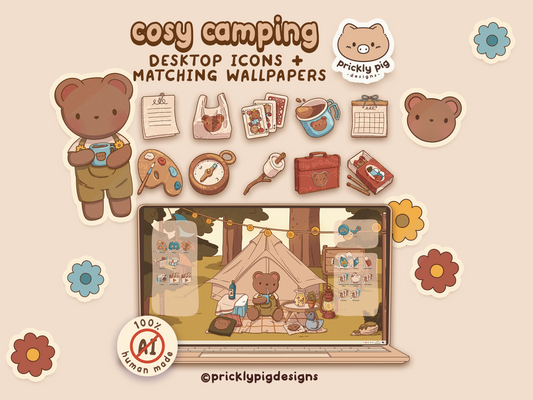 Cosy Camping Aesthetic Desktop Folder Icon & Wallpaper Pack for Windows + Mac