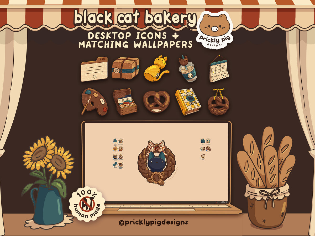 Black Cat Bakery Desktop Folder Icon & Wallpaper Pack for Windows + Mac