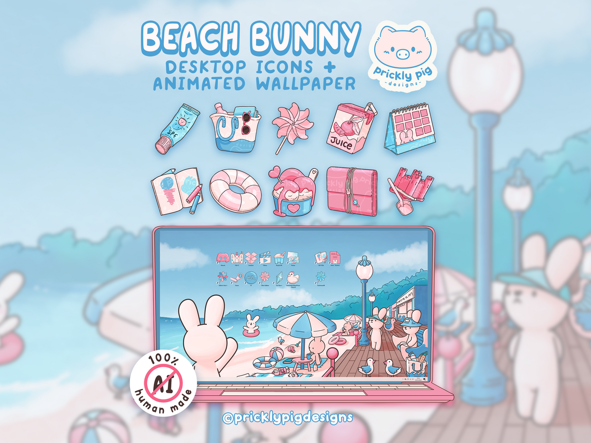 Beach Bunny Desktop Folder Icon & Wallpaper Pack for Windows + Mac | Summer Theme