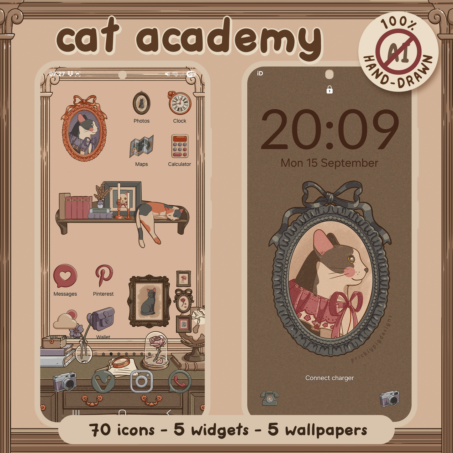 Cat Academy App Icon Pack: Dark Academia Theme Including Wallpaper for iOS, Galaxy & Android