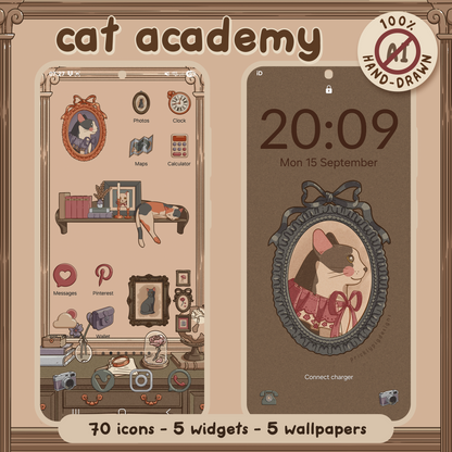 Cat Academy App Icon Pack: Dark Academia Theme Including Wallpaper for iOS, Galaxy & Android