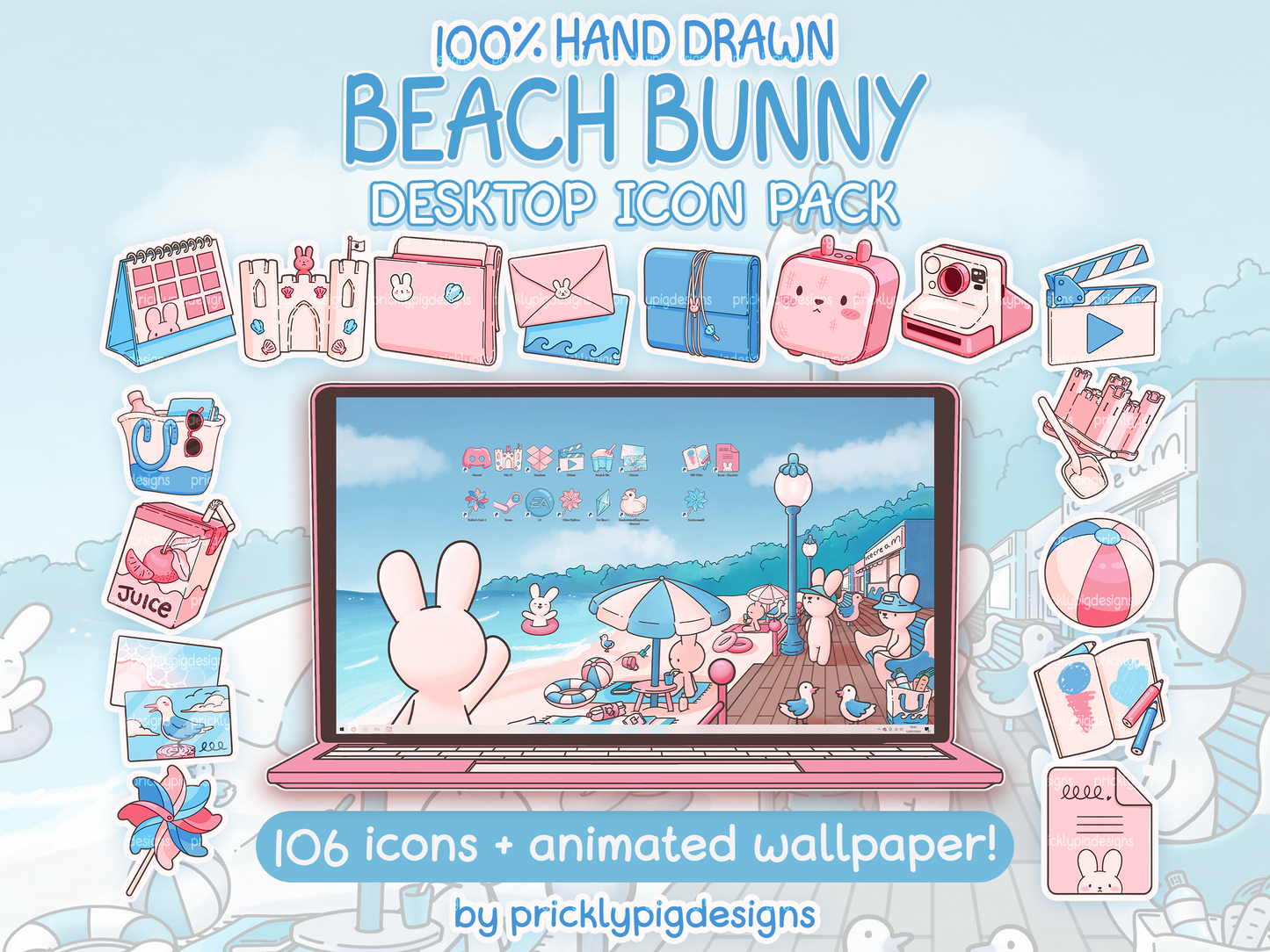 Beach Bunny Desktop Folder Icon & Wallpaper Pack for Windows + Mac | Summer Theme