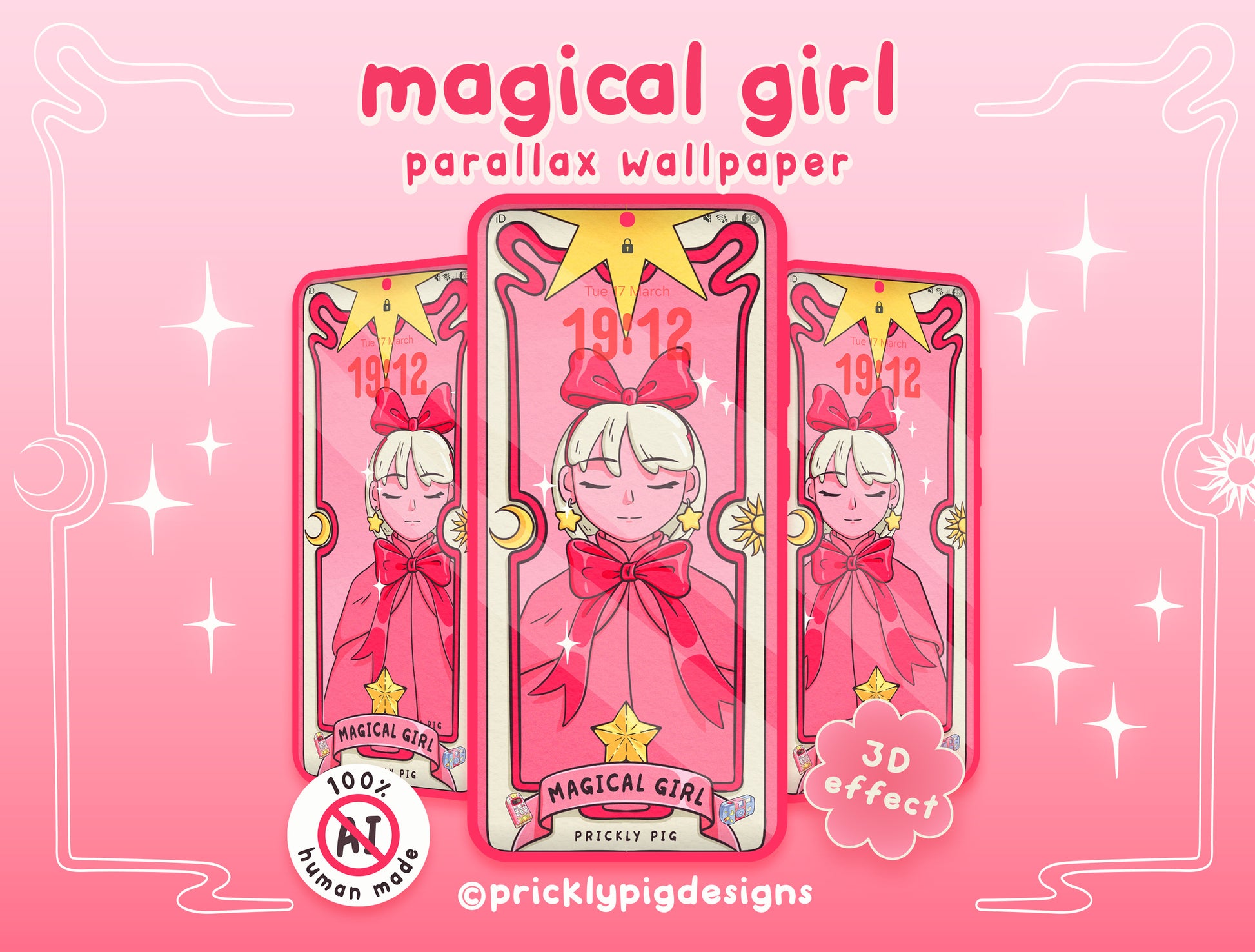 Parallax wallpaper design with a magical girl theme on a pink background.
