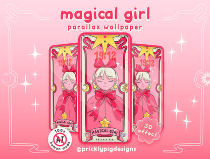Parallax wallpaper design with a magical girl theme on a pink background.